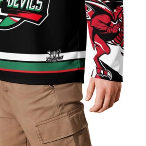 May include: Black hockey jersey with green and red stripes, a red dragon graphic on the sleeve, and the text "The Caribou" on the front.