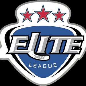 May include: A blue and white logo with the word "ELITE LEAGUE" in a silver font. Three red stars are above the word "ELITE" and a hockey stick is below the word "LEAGUE".