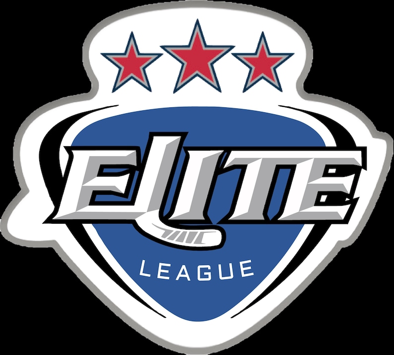 May include: A blue and white logo with the word "ELITE LEAGUE" in a silver font. Three red stars are above the word "ELITE" and a hockey stick is below the word "LEAGUE".