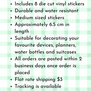 K&ouml;nnte beinhalten: Text auf hellgr&uuml;nem Hintergrund mit der Aufschrift "Your Sticker Pack". Enth&auml;lt 8 gestanzte Vinyl-Aufkleber, langlebig und wasserbest&auml;ndig, mittelgro&szlig;, ca. 6,5 cm lang. Geeignet zum Dekorieren von Ger&auml;ten, Planern, Wasserflaschen und Koffern.