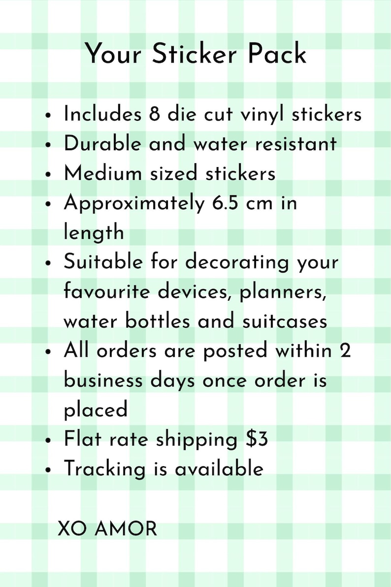 K&ouml;nnte beinhalten: Text auf hellgr&uuml;nem Hintergrund mit der Aufschrift "Your Sticker Pack". Enth&auml;lt 8 gestanzte Vinyl-Aufkleber, langlebig und wasserbest&auml;ndig, mittelgro&szlig;, ca. 6,5 cm lang. Geeignet zum Dekorieren von Ger&auml;ten, Planern, Wasserflaschen und Koffern.