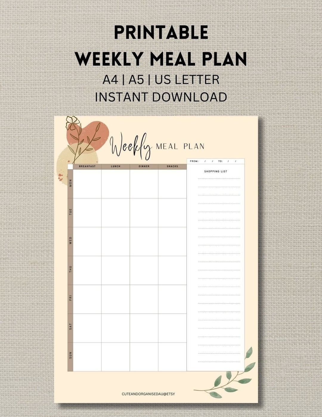 Printable Weekly Meal Plan . Shopping List . Digital Download . Instant ...