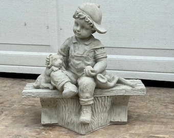 Boy Holding Puppy Statue Concrete Baseball Boy Sculpture for Patio Garden Memorial Decoration Detailed Kids Stone Figure