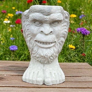 Peut inclure: Un pot de fleurs gris en forme de Bigfoot est posé sur un banc en bois dans un jardin. Le pot de fleurs présente un visage détaillé avec une expression souriante, entouré de fleurs et de verdure colorées. Le pot est en matériau semblable à de la pierre.