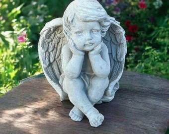 Sitting Cherub Figurine Concrete Angel Statue Cemetery Angel Decor Small Cherub Decoration Outdoor Angel Ornament Baby Angel Gift