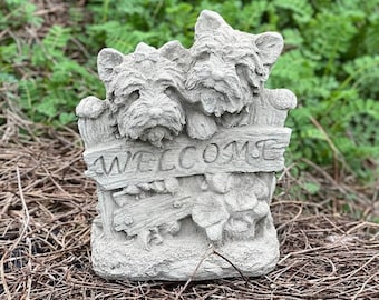 Welcome Yorkie Statue Realistic Dogs Figurine Concrete Standing Two Dogs Decoration Outdoor Yorkshire Terriers Figure Pet Memorial Sculpture