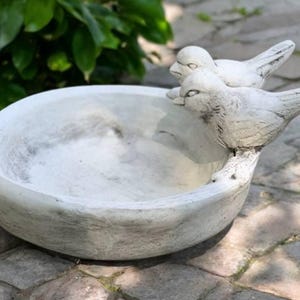 May include: A white, weathered-look bird bath with two sculpted birds perched on the rim. The bird bath has a shallow, round basin, perfect for attracting birds to your garden. The bird bath is made of a durable material.