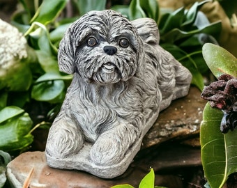 Realistic Shih Tzu Figure Concrete Resting Puppy Figurine Stone Shih Tzu Statue Cement Garden Sculpture Painted Dog Memorial Gift Idea