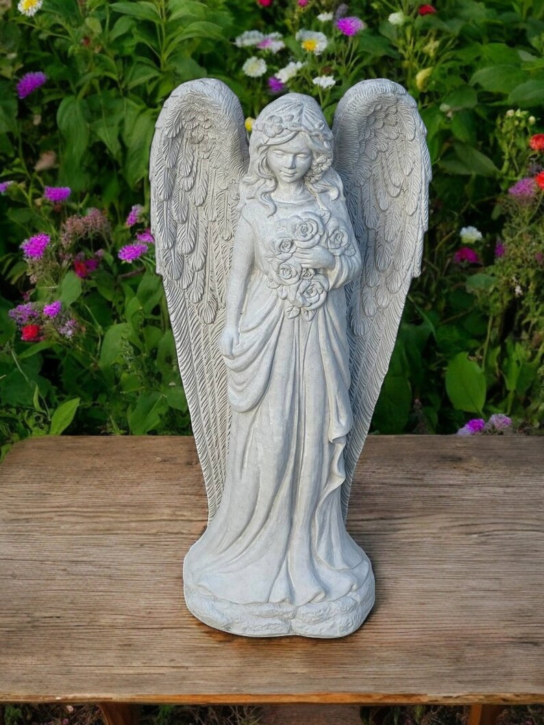 Standing Angel With Flowers Sculpture Outdoor Girl With Wings Statue ...
