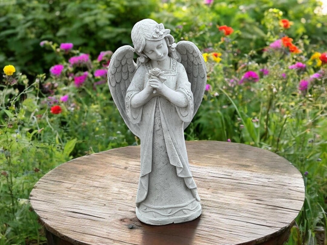 Yard Angel Holding Flowers Figure Concrete Standing Girl Statue Garden ...