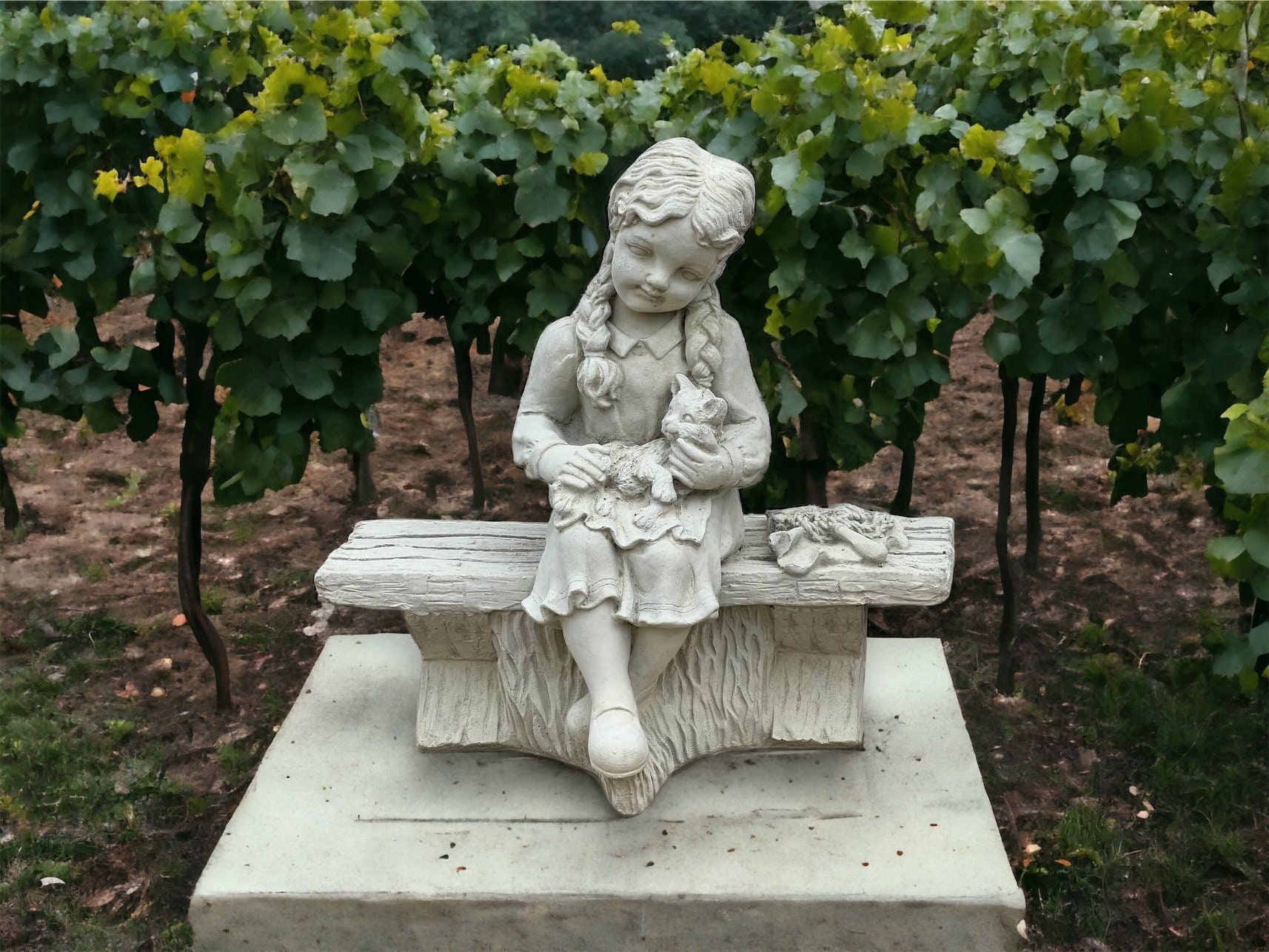 Stone Sitting Girl With Cat Sculpture Concrete Child With Pet Statue Backyard Cement Ornament Kitty Memorial Outdoor Realistic Decoration