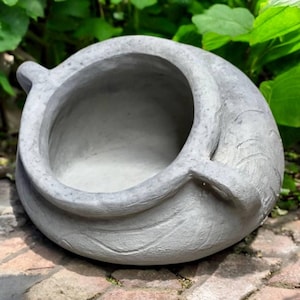 May include: A grey, round concrete planter with a textured surface. The planter has a wide opening and a curved design with leaf-like details. It features a small handle on one side and is set on a brick surface, with green foliage in the background.