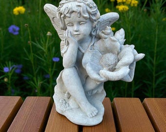 Large Pixie Girl Sculpture Concrete Pixie With Flower Sitting Girl Statue Fairy Garden Decor Outdoor Figurine Backyard Art Pixie Decoration