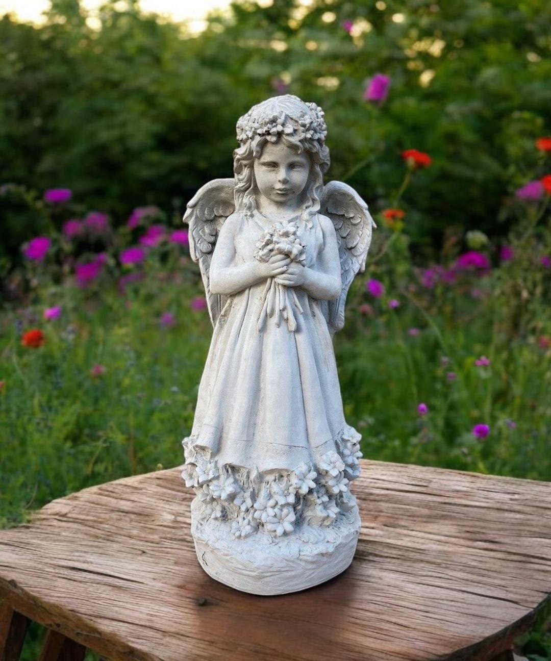 Concrete Angel Girl Statue Standing Girl Holding Flowers Figure ...