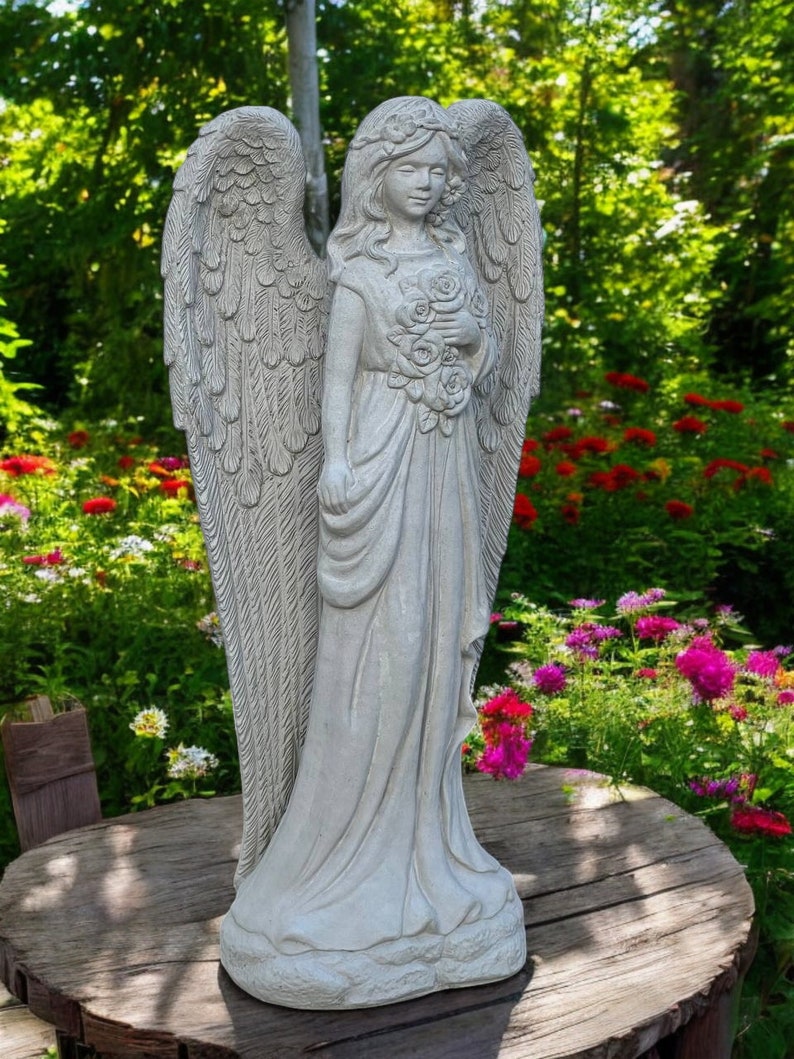 Standing Angel With Flowers Sculpture Outdoor Girl With Wings Statue ...