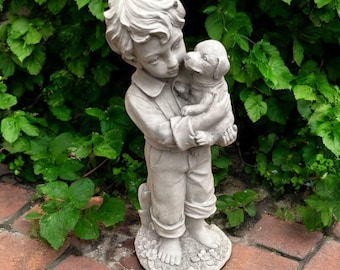 Cute Boy Sculpture Concrete Standing Boy Pet Lovers Boy With Puppy Child Home Decor Boy Figurine Outdoor Ornament Lawn Art Dog Gift