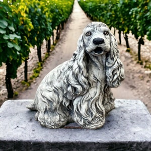 Sitting Cocker Spaniel Dog Statue Garden Hairy Pet Cement Spaniel Dog Memorial Realistic Cocker Spaniel Figurine for Backyard Decoration