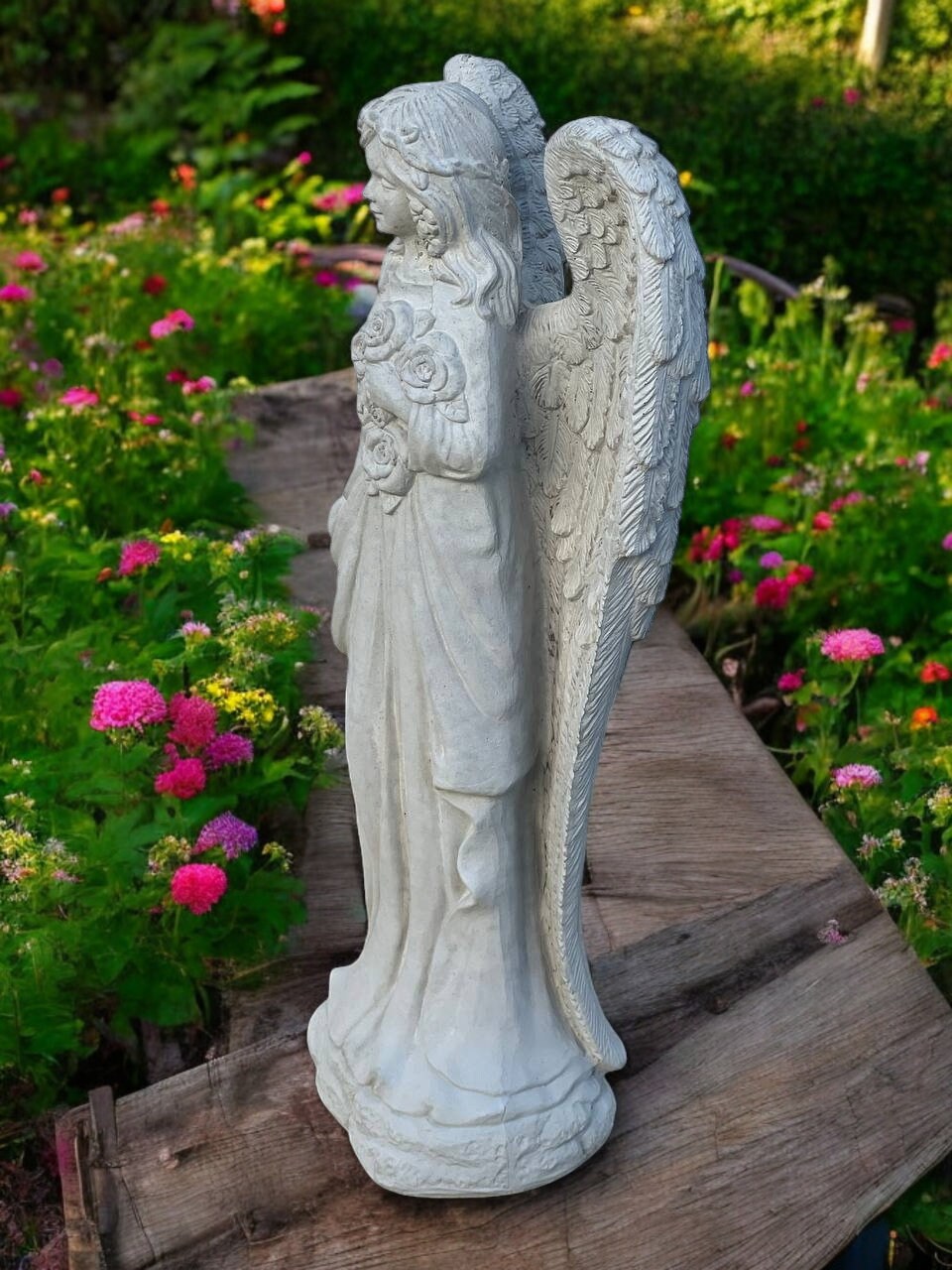 Standing Angel With Flowers Sculpture Outdoor Girl With Wings Statue ...