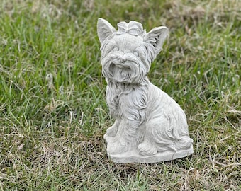 Concrete Yorkie Dog Memorial Statue Backyard Yorkshire Terrier Outdoor Figure Stone Pet Grave Marker Miniature Realistic Sitting Dog