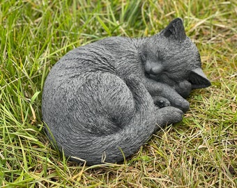 Stone Black Kitty Figure Curled Up On Side Cat Sculpture Garden Stone Kitten Memorial Statue Detailed Outside Cat Decoration Gift Idea