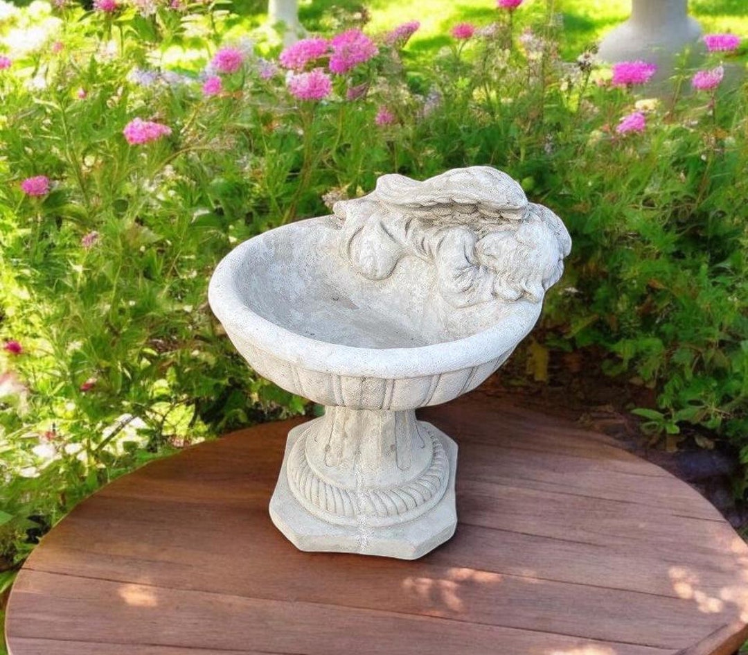 Bird Bath With Angel Sculpture Yard Drinker for Birds Statue Concrete ...