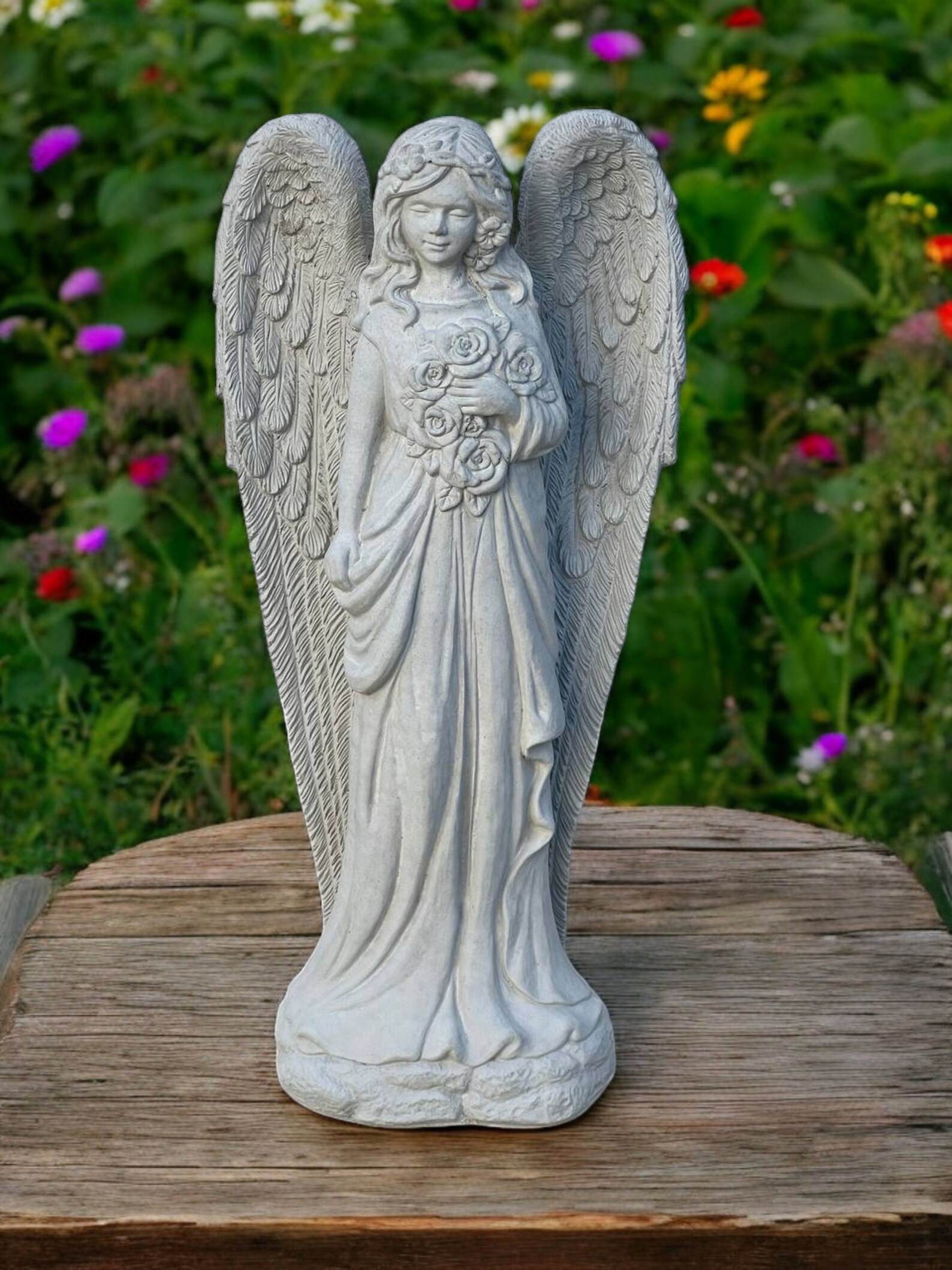 Standing Angel With Flowers Sculpture Outdoor Girl With Wings Statue ...