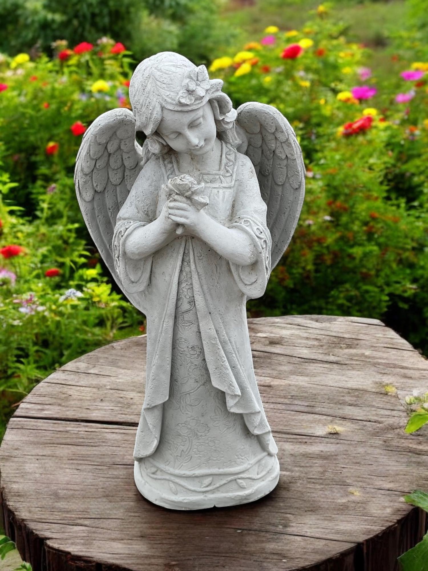 Yard Angel Holding Flowers Figure Concrete Standing Girl Statue Garden ...