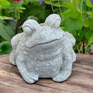 May include: A gray concrete frog statue with a textured surface. The frog is sitting on a wooden surface.