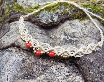 Rood koraal • Macrame enkelbandje • Bovenarmketting