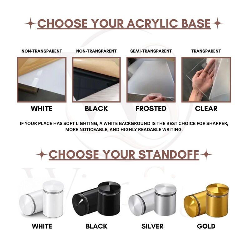 May include: A product selection guide featuring four acrylic base options: white, black, frosted, and clear. Below, four standoff hardware choices are displayed in white, black, silver, and gold. Text includes CHOOSE YOUR ACRYLIC BASE and CHOOSE YOUR STANDOFF.