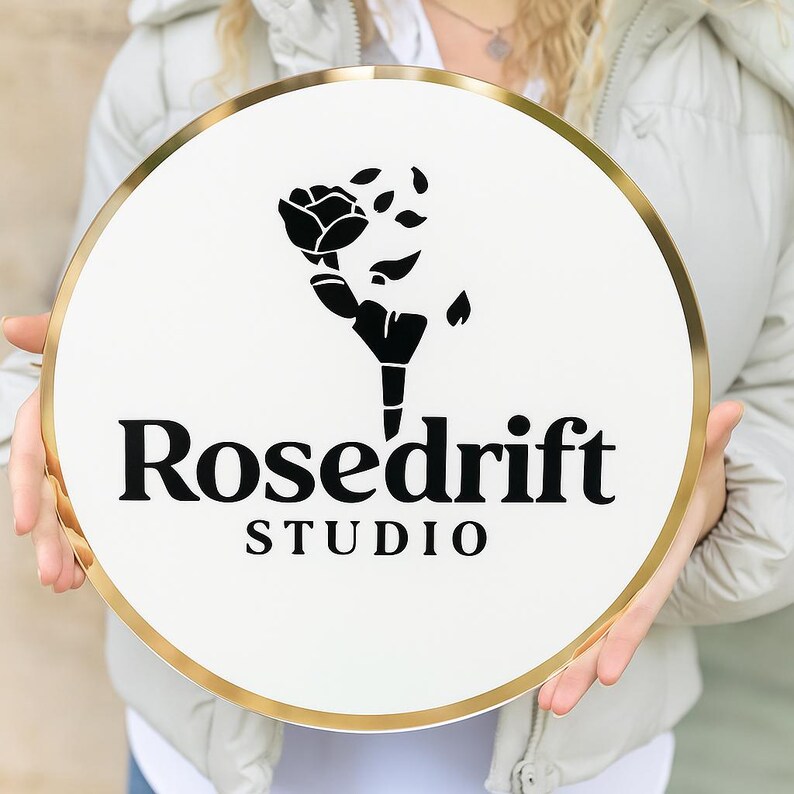 May include: A round white sign with a gold rim featuring the text "Rosedrift STUDIO" in black. A black floral design is above the text. The sign is held by a person.