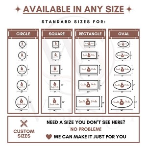 May include: A size chart graphic with the text AVAILABLE IN ANY SIZE and STANDARD SIZES FOR. It displays columns for circle, square, rectangle, and oval shapes with various dimensions in inches. Includes a section for custom sizes.