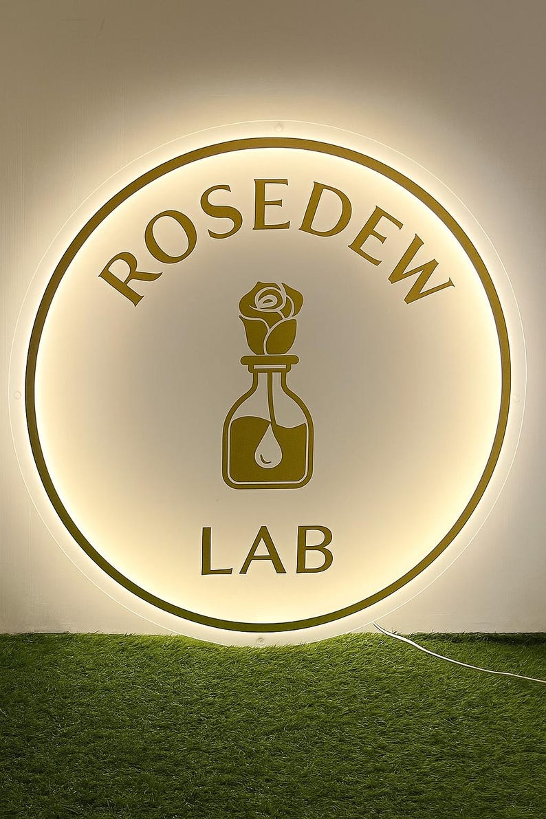 Op de afbeelding: Een rond, verlicht bord met de woorden "ROSED EW LAB" in goud. Het bord heeft een gouden roos en fles afbeelding. Het bord staat tegen een witte achtergrond en is omgeven door een gouden rand.