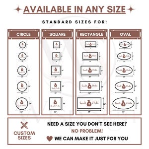 以下が含まれることがあります： AVAILABLE IN ANY SIZEおよびSTANDARD SIZES FORというテキストが記載されたサイズチャート画像。円形、正方形、長方形、楕円形の各形状の列があり、インチ単位の寸法が示されています。カスタムサイズのセクションも含まれています。