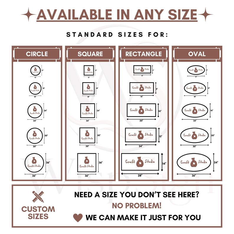 以下が含まれることがあります： AVAILABLE IN ANY SIZEおよびSTANDARD SIZES FORというテキストが記載されたサイズチャート画像。円形、正方形、長方形、楕円形の各形状の列があり、インチ単位の寸法が示されています。カスタムサイズのセクションも含まれています。