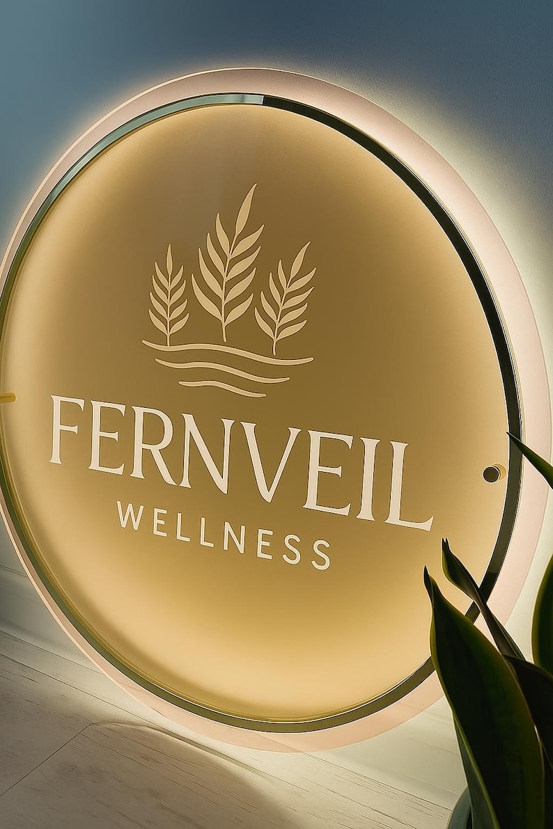 Op de afbeelding: Een ronde, verlichte bewegwijzering met de tekst "FERNVEIL WELLNESS" in het wit. Het bord heeft een goudkleurig midden met een bladerontwerp en een witte rand. Het is waarschijnlijk voor een wellnesscentrum.
