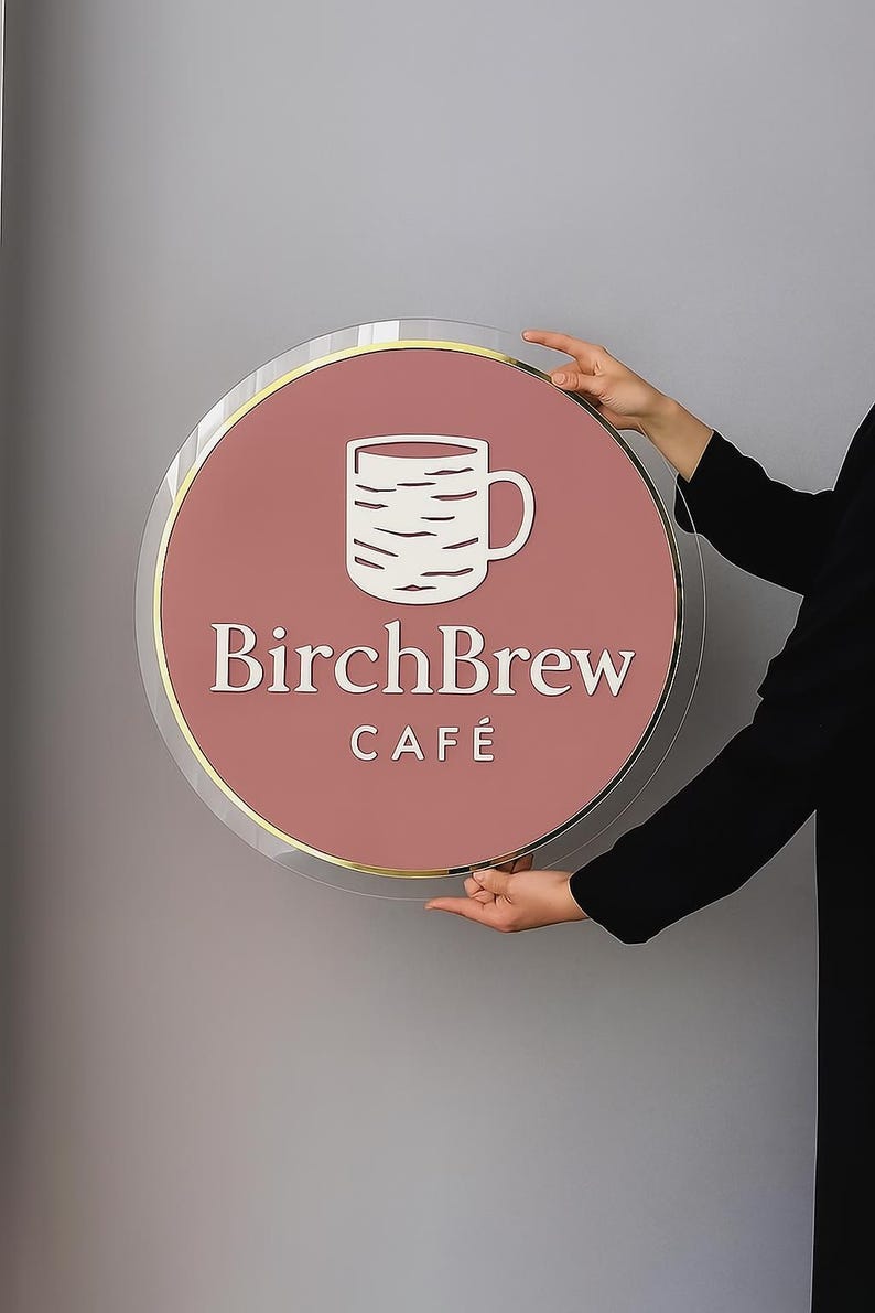 May include: A round sign for BirchBrew Caf&eacute;, featuring a white coffee cup graphic and text on a dusty rose background. The sign has a gold border and is held by hands.
