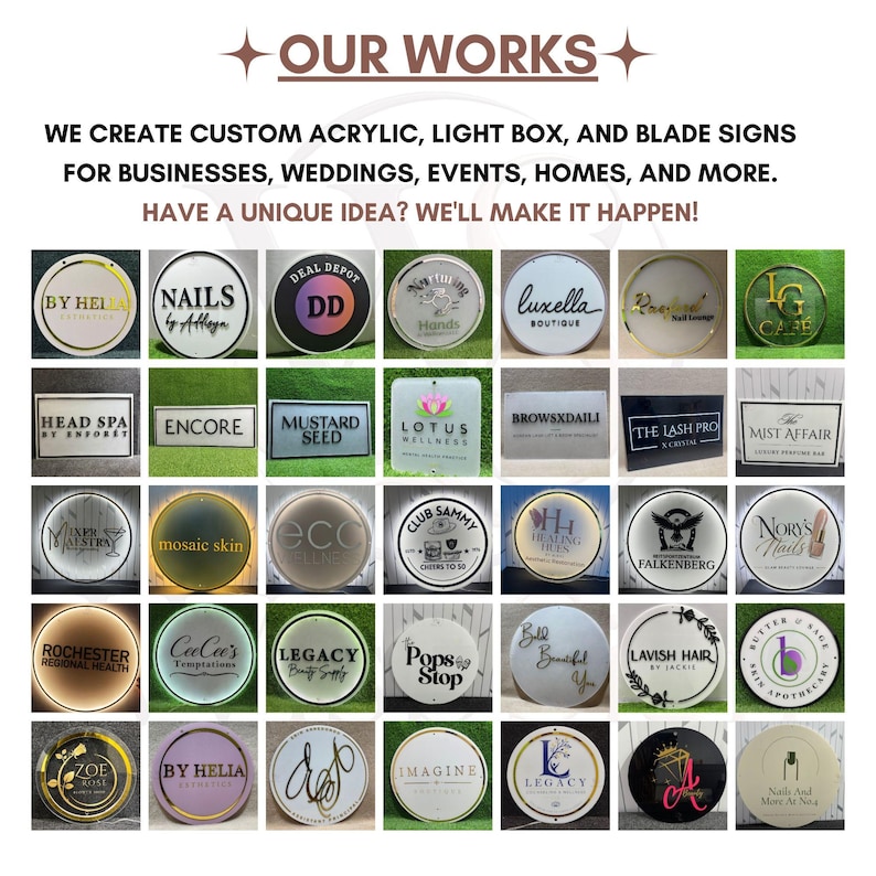May include: A collection of custom acrylic, light box, and blade signs for businesses and events. The image displays various circular and rectangular signs featuring diverse logos, brand names, and typography in multiple colors and finishes.