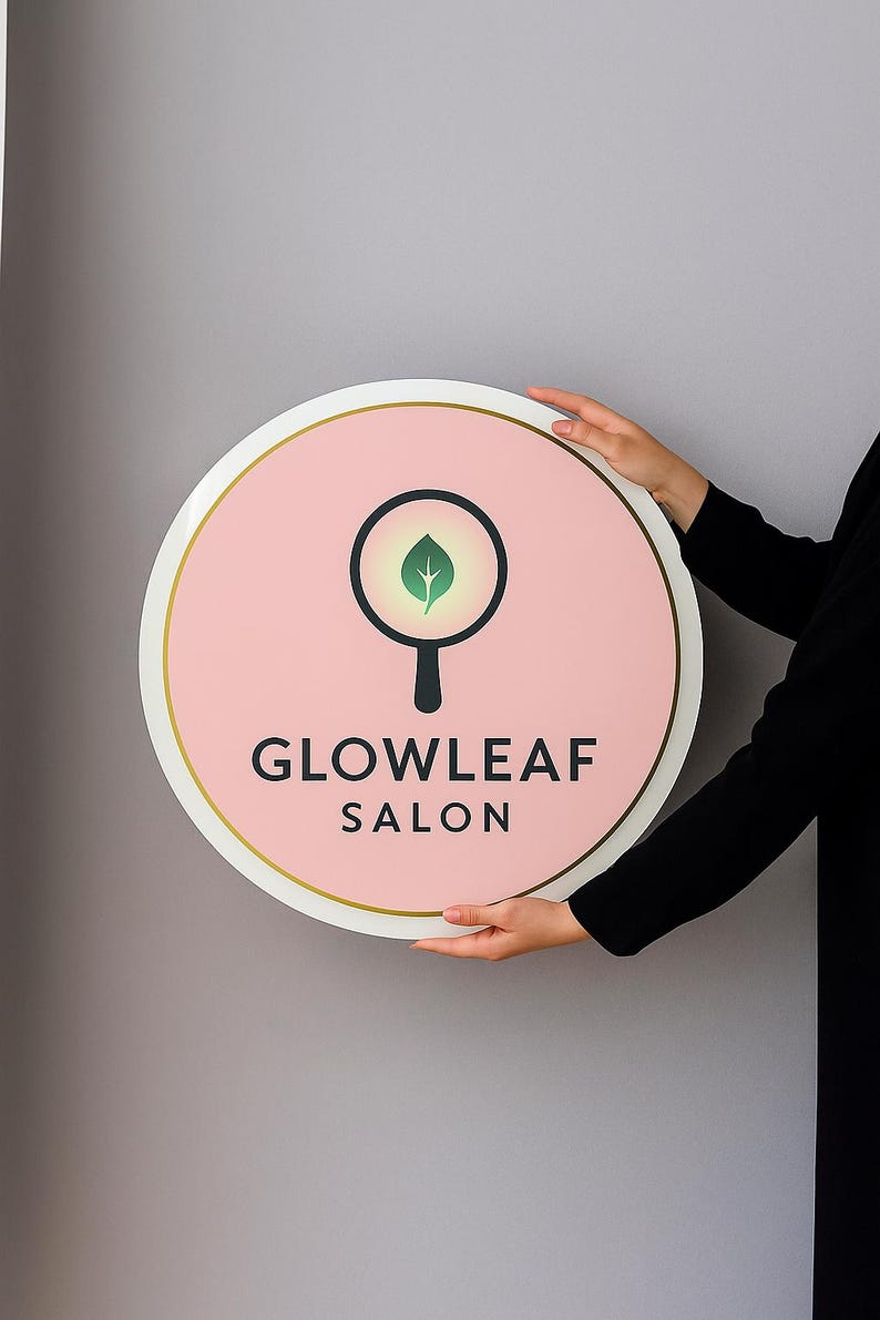 May include: A round sign with a pink background and gold trim, featuring a leaf design within a magnifying glass. The sign reads "GLOWLEAF SALON" in black text. The sign is held by a person.