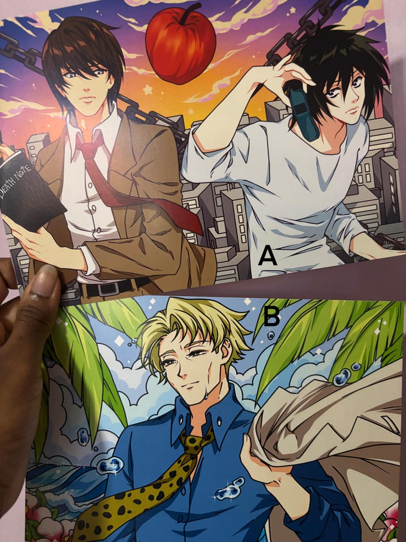 May include: Anime art prints featuring three male characters. One print shows a man in a brown suit holding a book with "DEATH NOTE" on it. Another shows a man on the phone. The third man is wearing a blue shirt and a patterned tie.