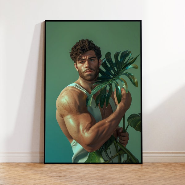 Male Portrait with Plants, Digital Art, Wall Art Poster, Home Decor, Digital Download, Botanical Wall Art, Gay Artwork, Flower Art, Gay Gift
