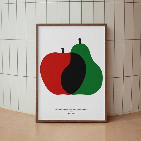 Enzo Mari Red Apple Green Pear Poster, Danish Modern Art for Kitchen Wall Art Post Modern Art Herman Miller Picnic Mid Century Art Digital