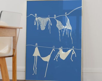 Bikini Laundry Line Art Print – Blue Coquette Room Decor (PNG)