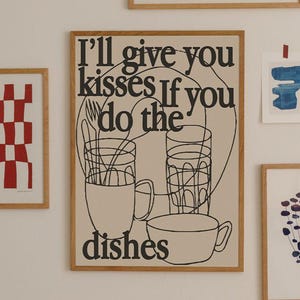 Kisses If You Do The Dishes, Küche Wand Kunst Poster, Moderne Kunst Geschirr Mid Century Print, Wohnung Dekor, Food Lover, etsy Auswahl