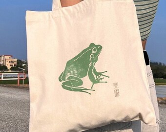 Frog Tote Bag | Vintage Japanese Woodblock Art Shopping Bag | 100% Recycled | Frog Lover | Frog Toad Accessories | Matsumoto Hoji Style Frog