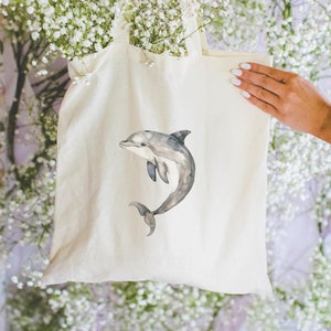 Cute Dolphin Tote Bag, Minimalist Watercolor Art Tote, Eco-Friendly Bag, Dolphin Lover Gift, Reusable Shopping Bag,Ocean Animal,Bag For Life