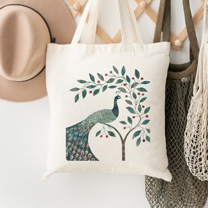 Elegancka torba Peacock Tote, prezent dla miłośnika ptaków, styl artystyczny lat 60., prezent dla miłośnika pawi, torba na zakupy z ptakami, torba Peacock, ekologiczna torba na zakupy, torba na całe życie