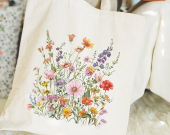 Simpatica borsa tote con fiori preppy, borsa tote per la spesa alla moda, borsa tote per la mamma, regalo per la festa della mamma 2024, borsa tote fiore estetica, borsa tote in cotone