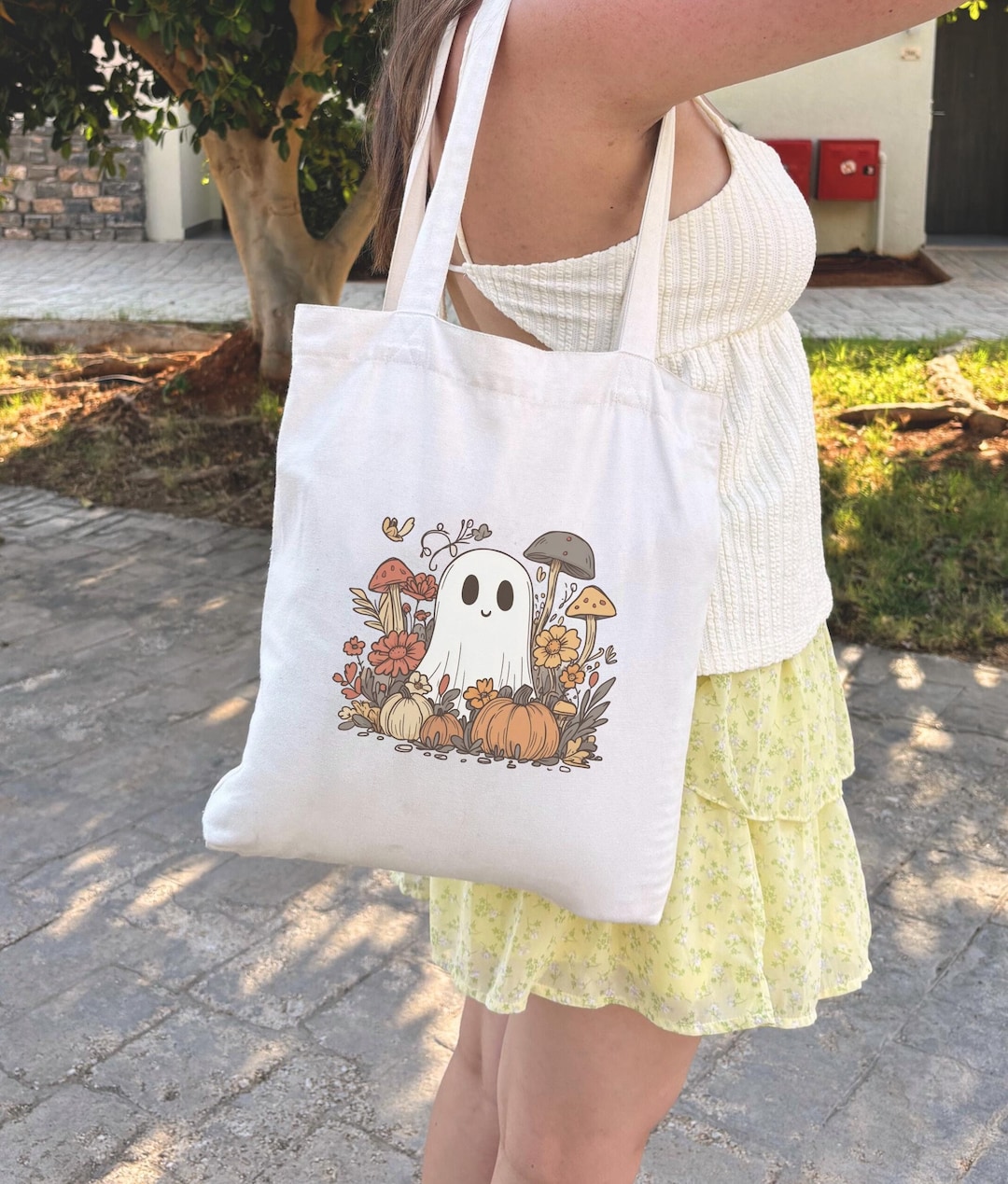 Cute Ghost Tote Bag, Mushroom Tote, Pumpkin Bag, Spooky Ghost Bag ...