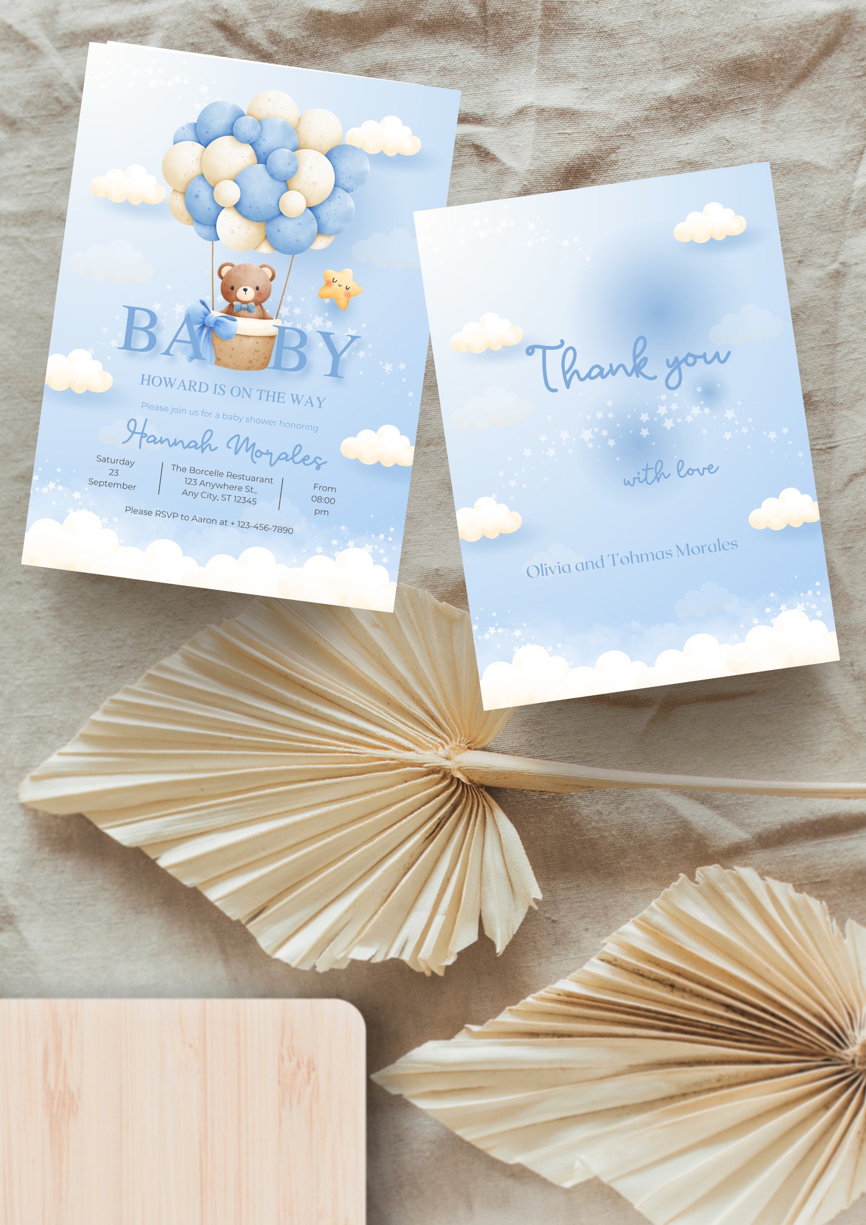 Baby Shower Invitation Editable Template for Boy Blue Cute Baby Bear ...